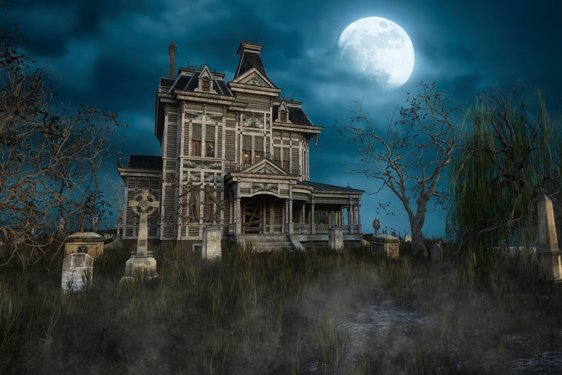 Old abandoned Victorian mansion with tombstones under a moonlit sky at night
