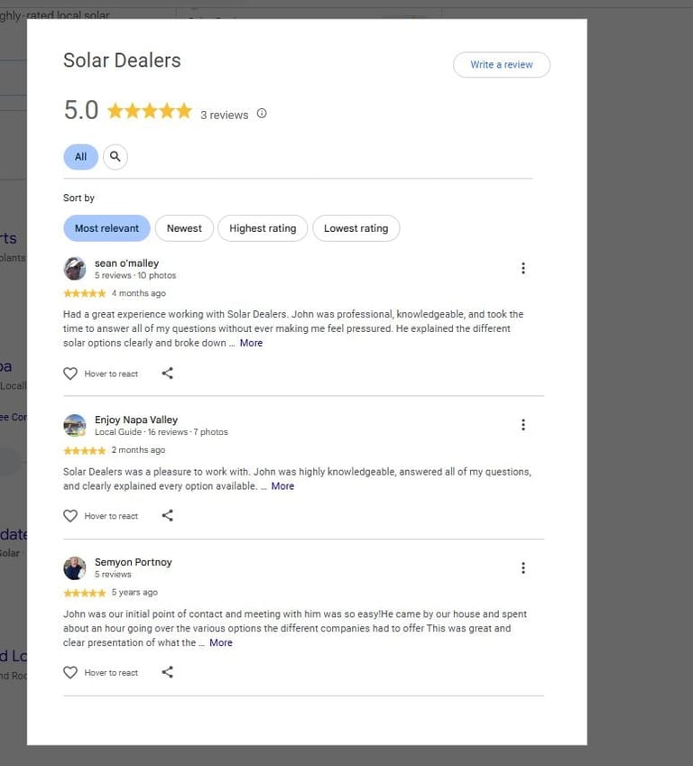 Solar Dealers review page showing 5.0 star rating with 3 customer reviews praising the company's professionalism and knowledge.